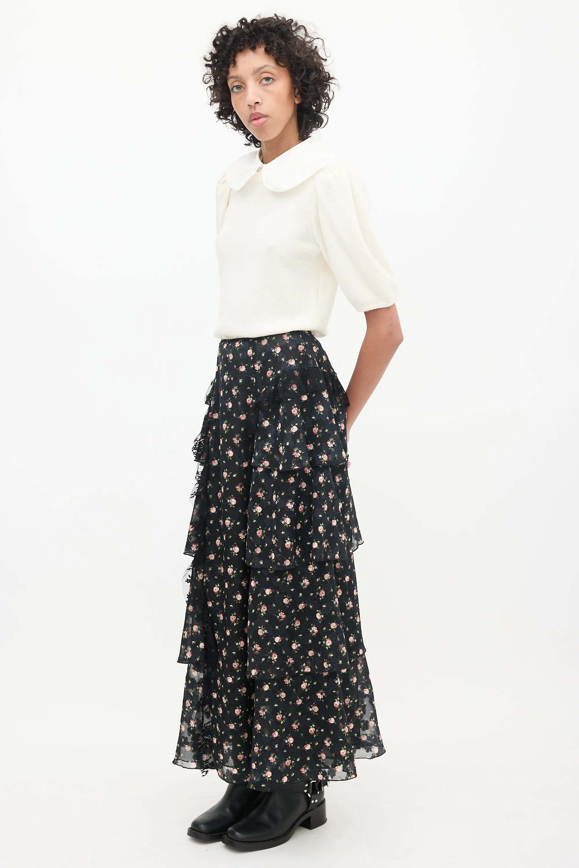 Black & Multicolour Floral Ruffled Skirt