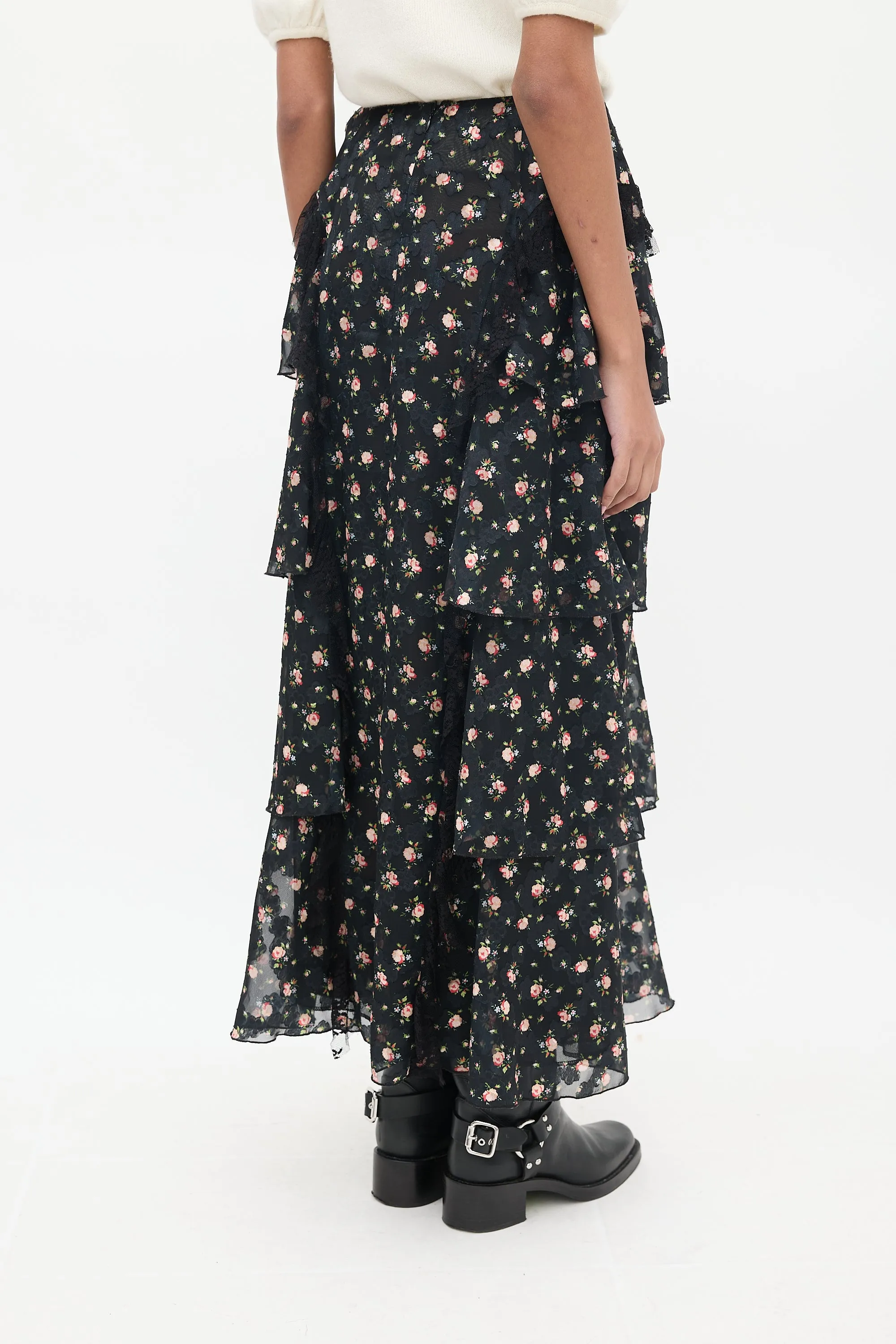 Black & Multicolour Floral Ruffled Skirt