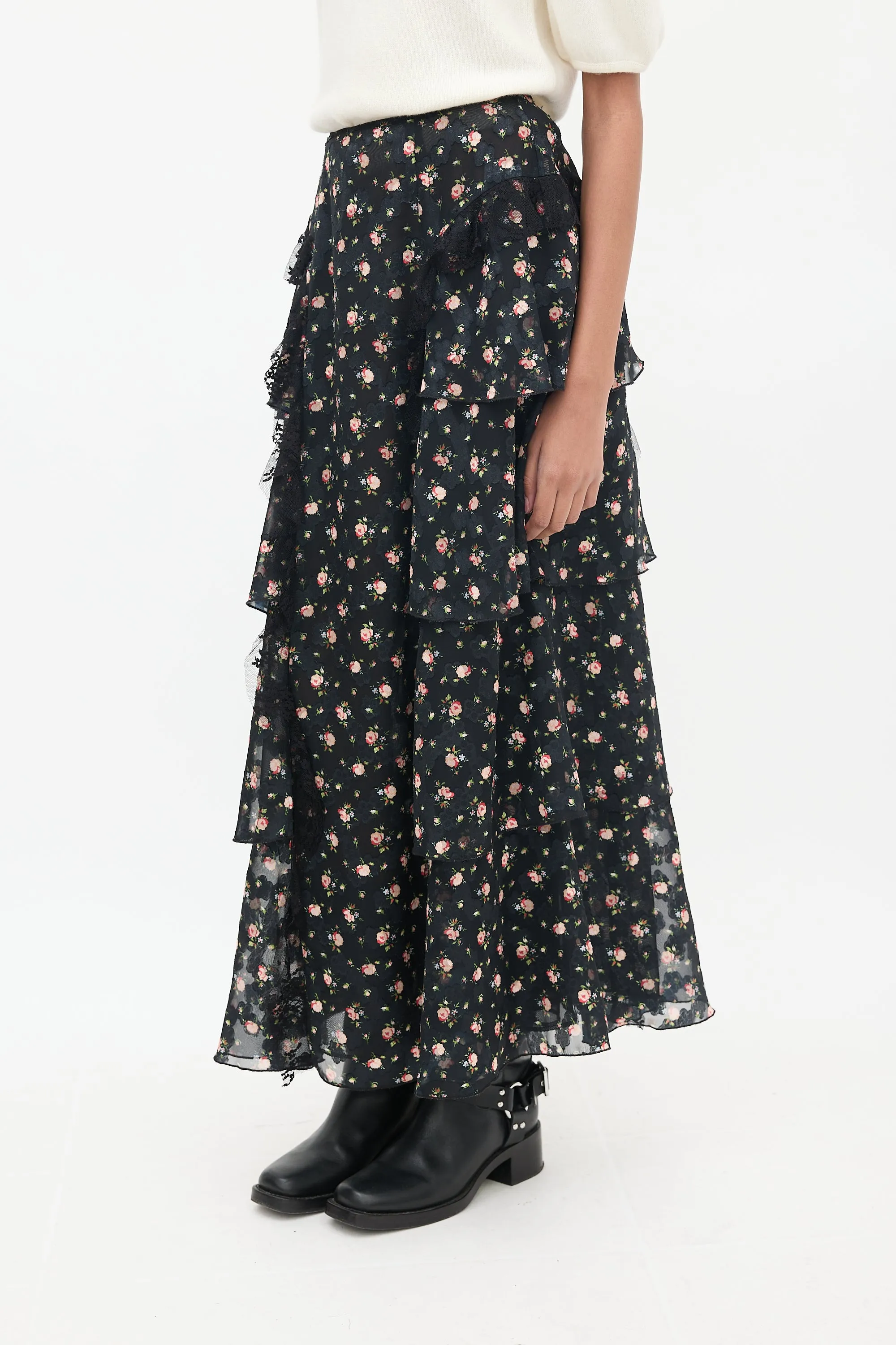 Black & Multicolour Floral Ruffled Skirt
