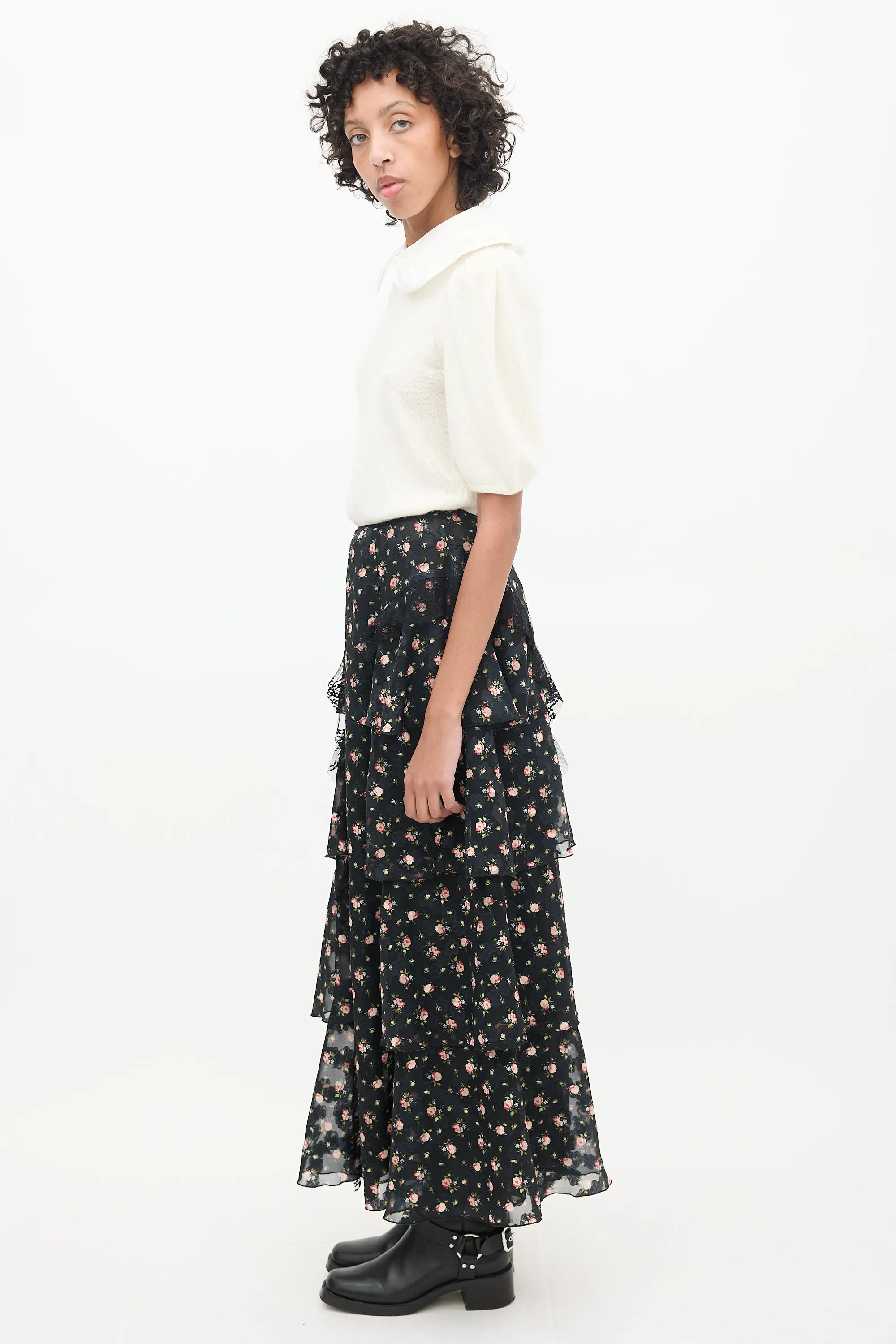 Black & Multicolour Floral Ruffled Skirt
