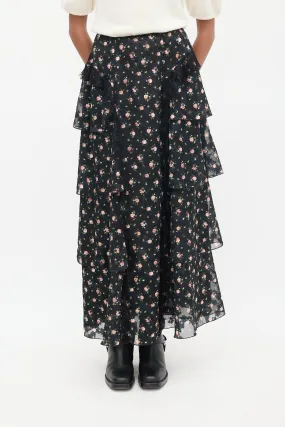 Black & Multicolour Floral Ruffled Skirt
