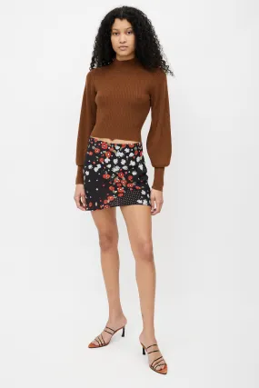 Black Silk Floral Mini Skirt