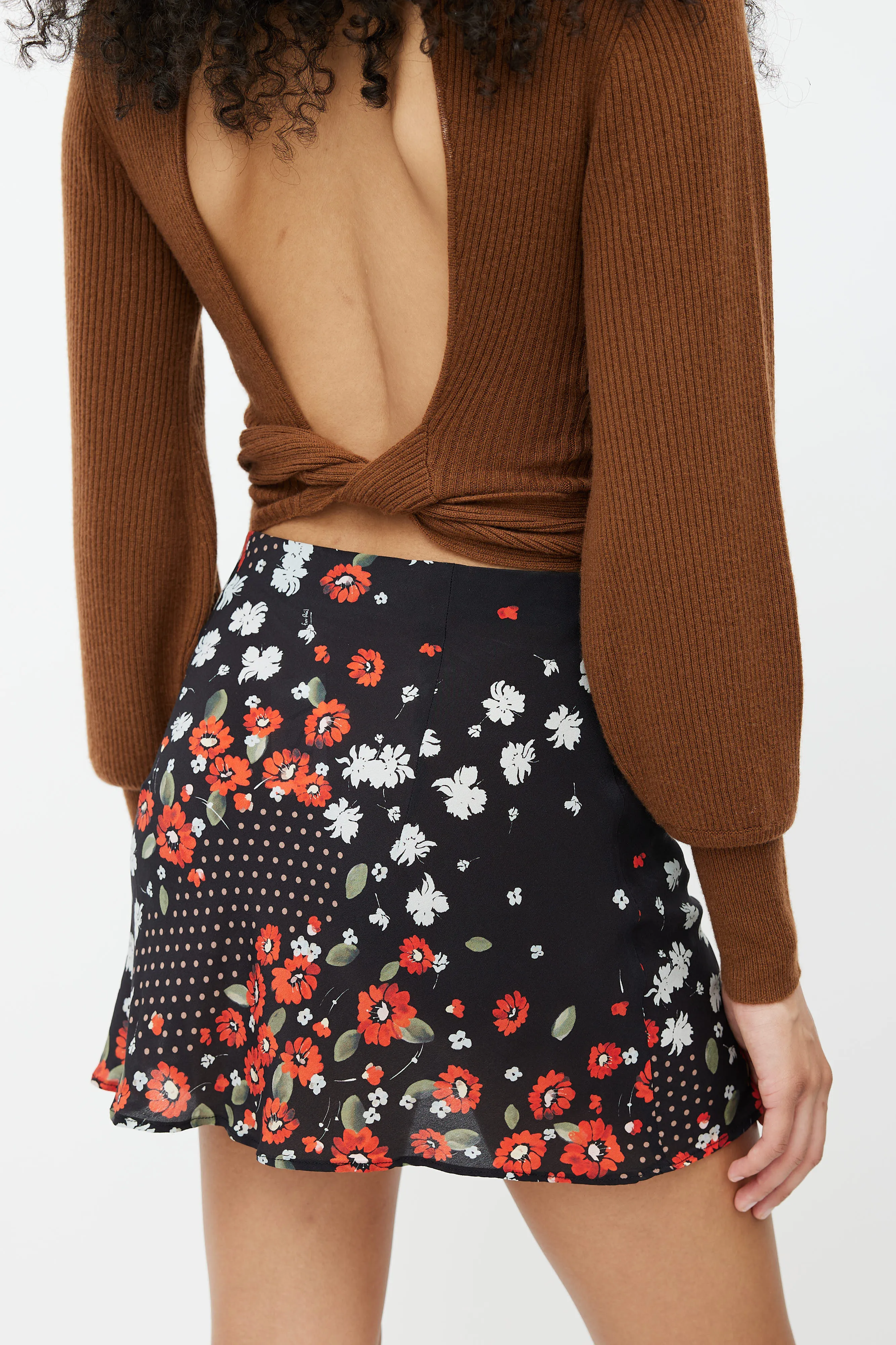 Black Silk Floral Mini Skirt