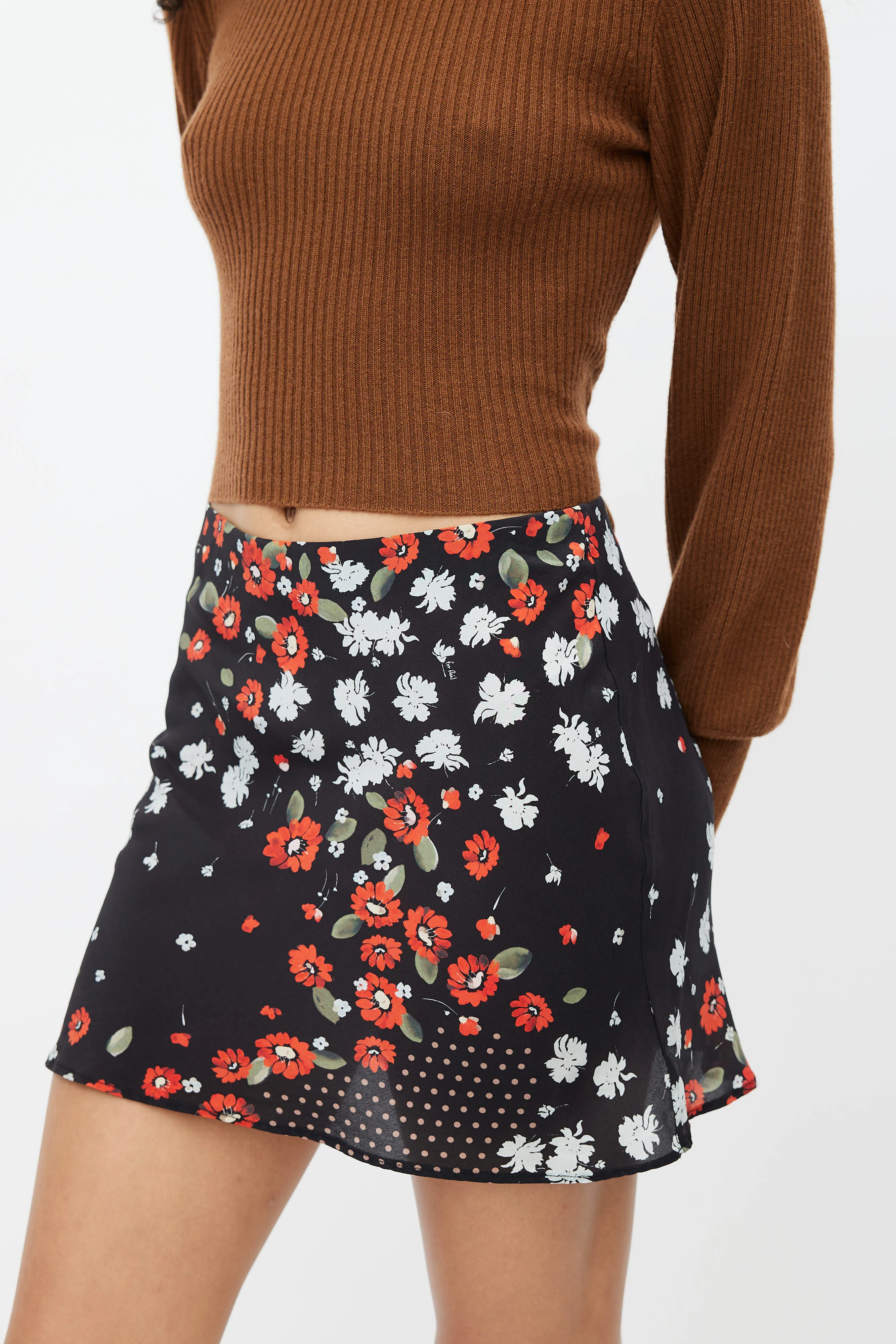 Black Silk Floral Mini Skirt