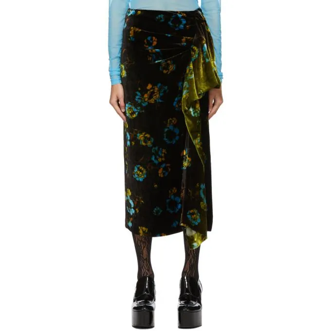 Dries Van Noten Black and Green Degrade Ruffle Skirt