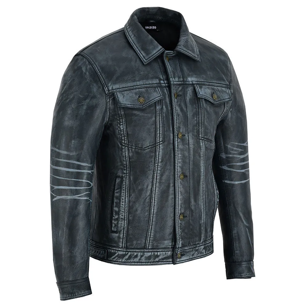 Four Pocket Mens Navy Leather Trucker Jacket
