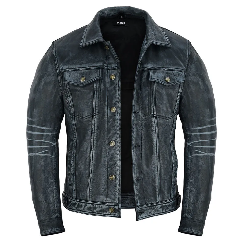 Four Pocket Mens Navy Leather Trucker Jacket