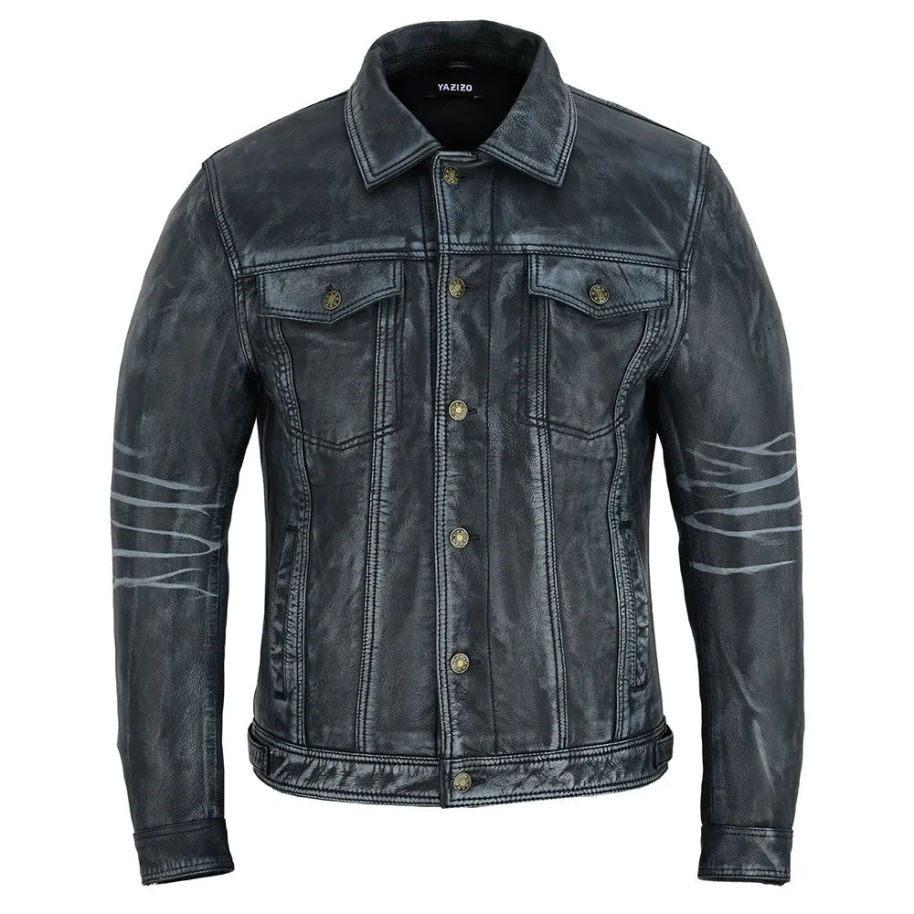 Four Pocket Mens Navy Leather Trucker Jacket