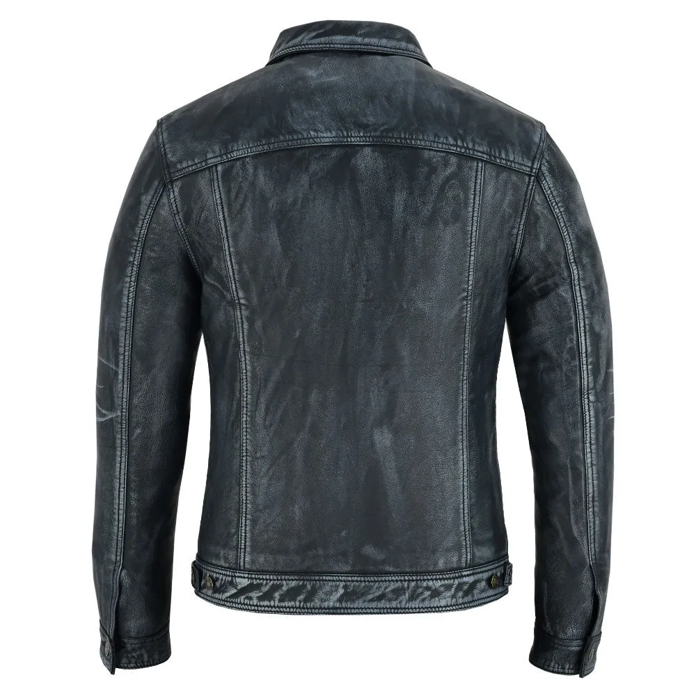 Four Pocket Mens Navy Leather Trucker Jacket