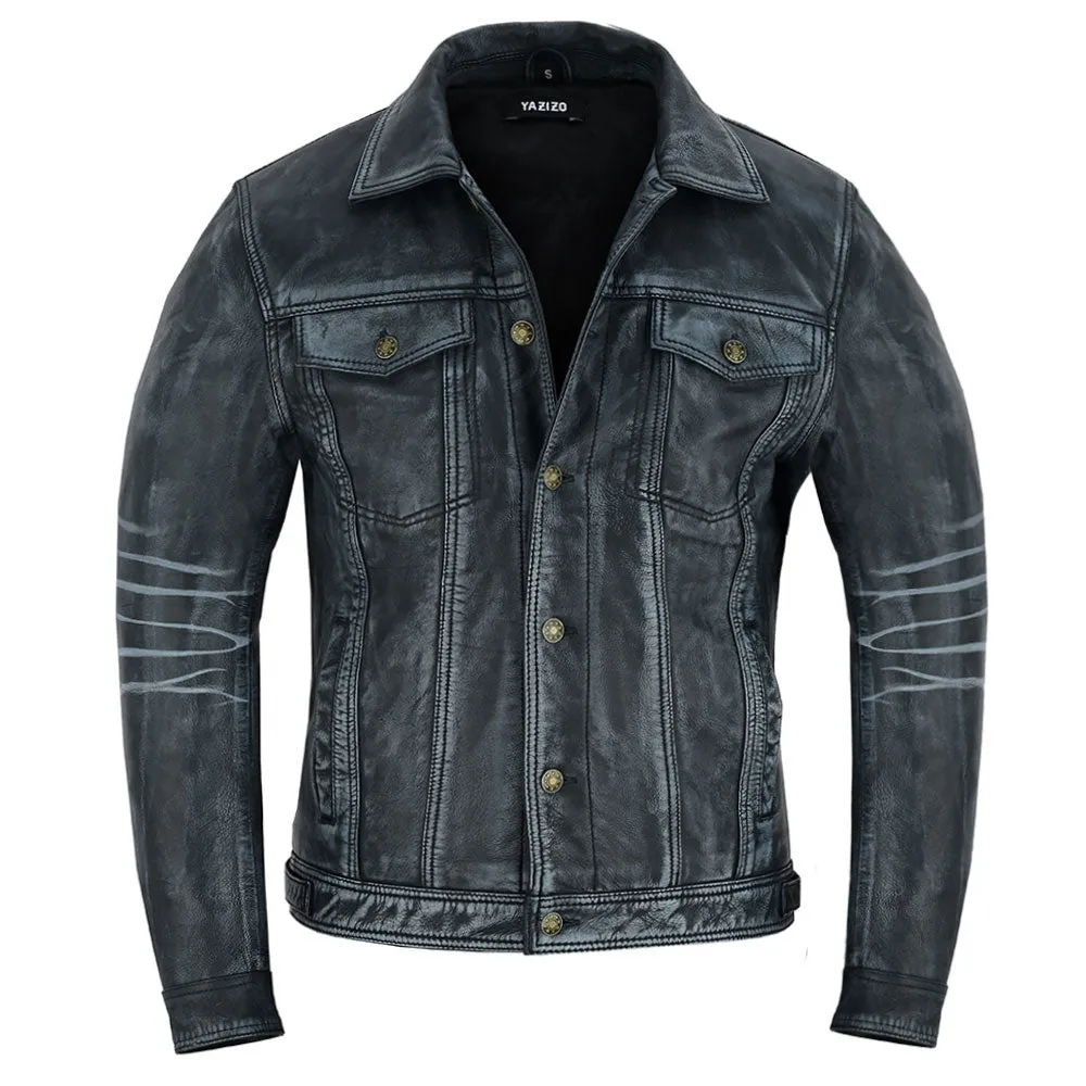 Four Pocket Mens Navy Leather Trucker Jacket