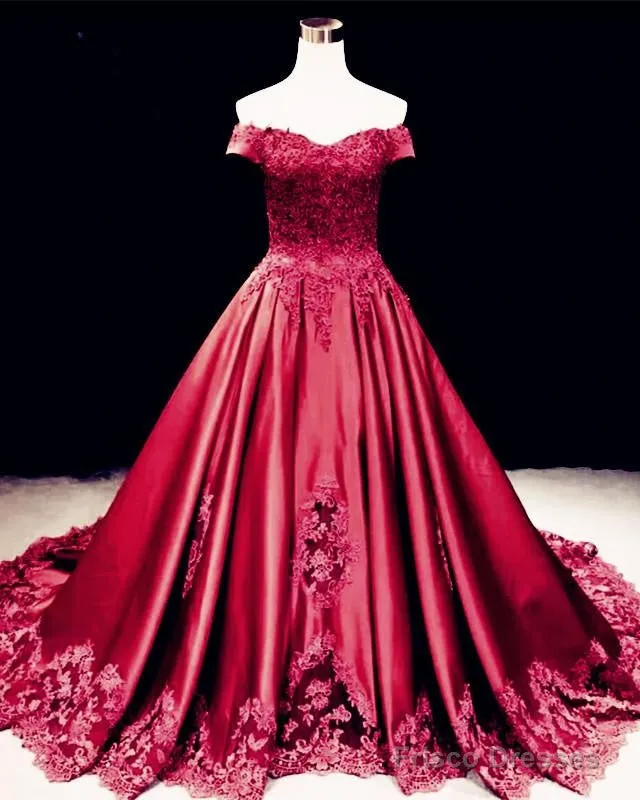 Lace Embroidery Satin Sweep Train Wedding Dresses Ball Gowns