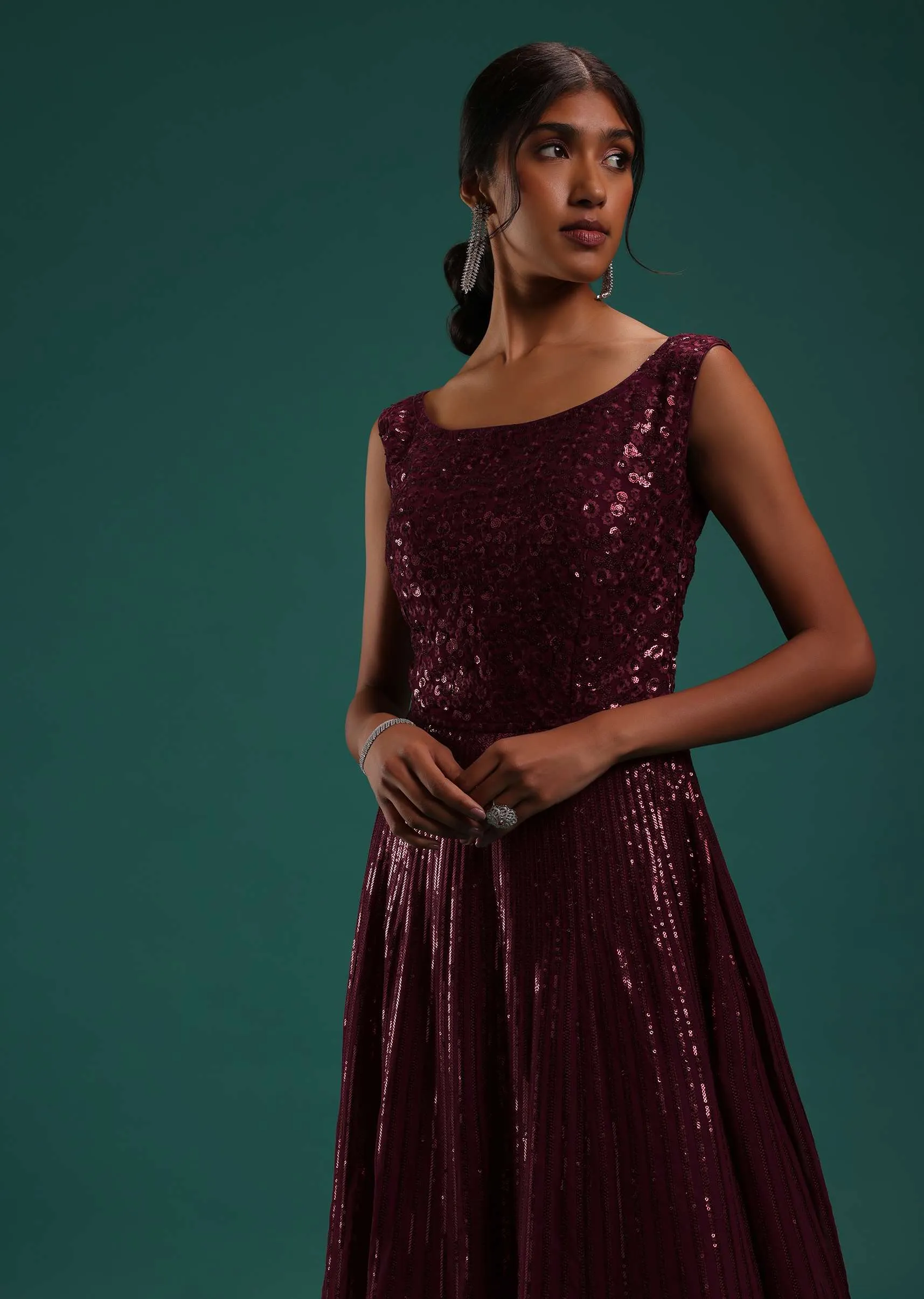 Maroon Red Sequins Embellished Gown In Georgette