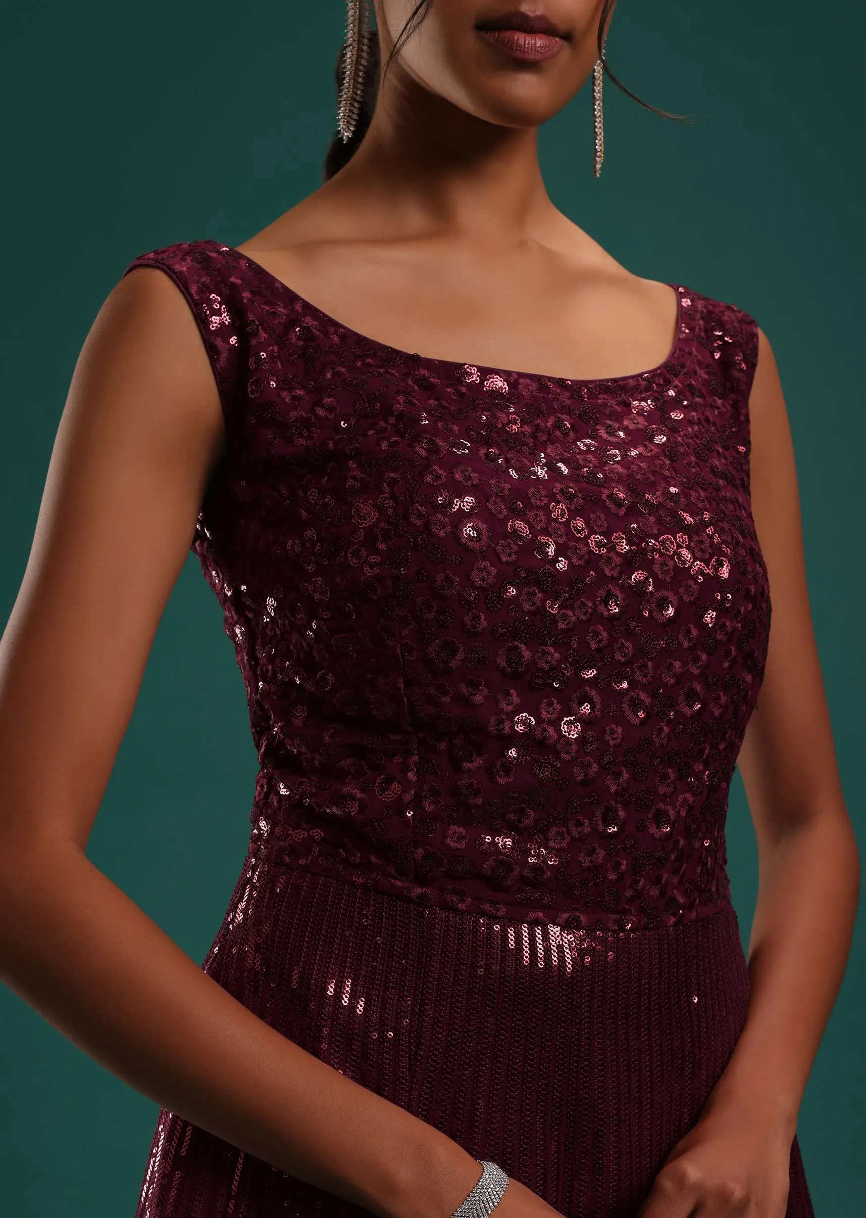 Maroon Red Sequins Embellished Gown In Georgette