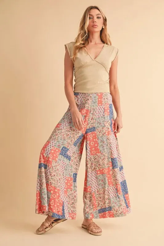 Multicolor Patchwork Print Wide Leg Pants