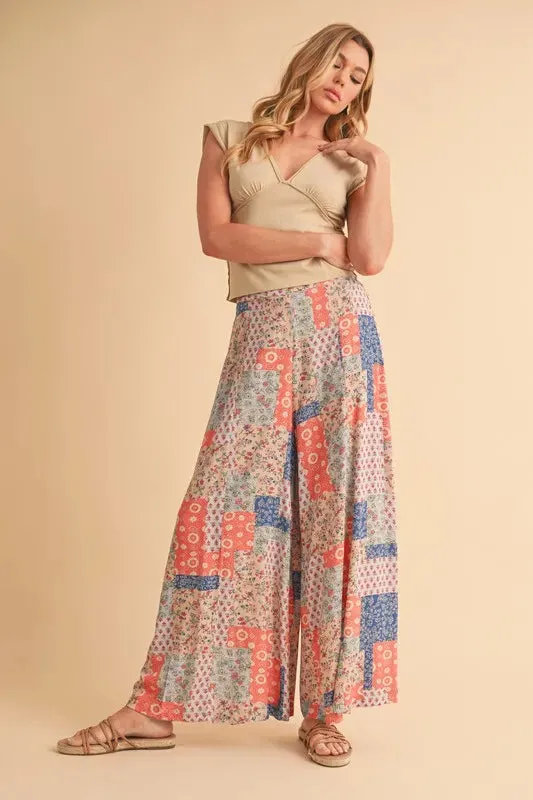 Multicolor Patchwork Print Wide Leg Pants