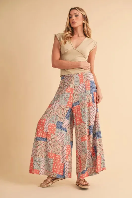 Multicolor Patchwork Print Wide Leg Pants