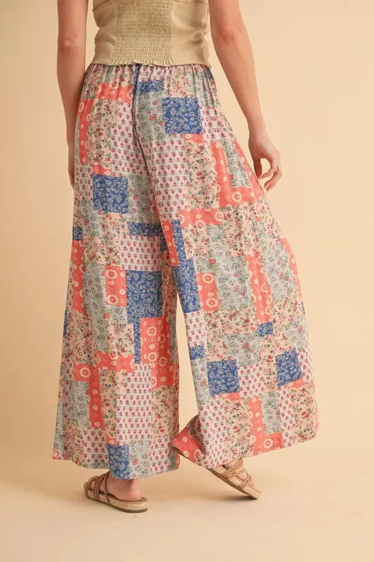 Multicolor Patchwork Print Wide Leg Pants