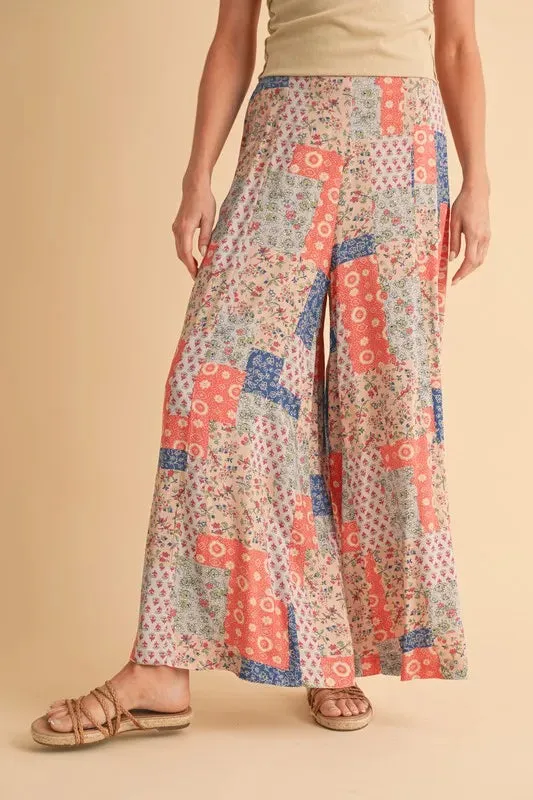 Multicolor Patchwork Print Wide Leg Pants