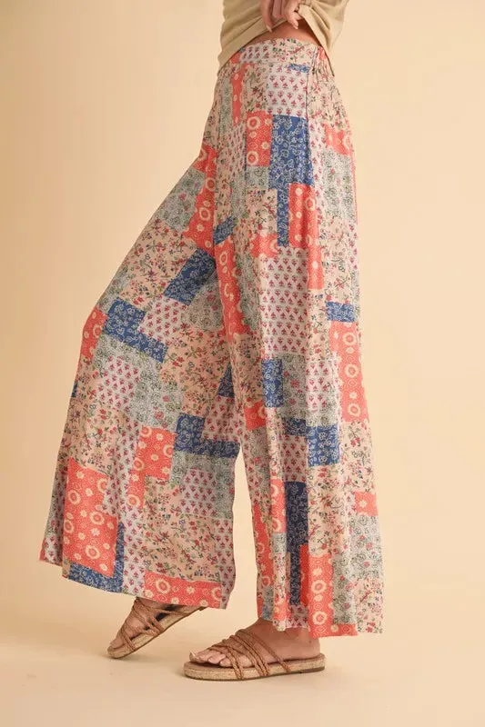 Multicolor Patchwork Print Wide Leg Pants