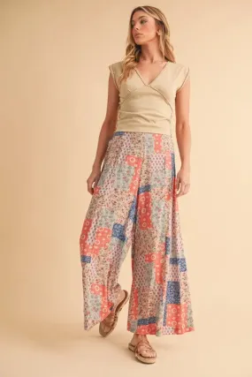 Multicolor Patchwork Print Wide Leg Pants