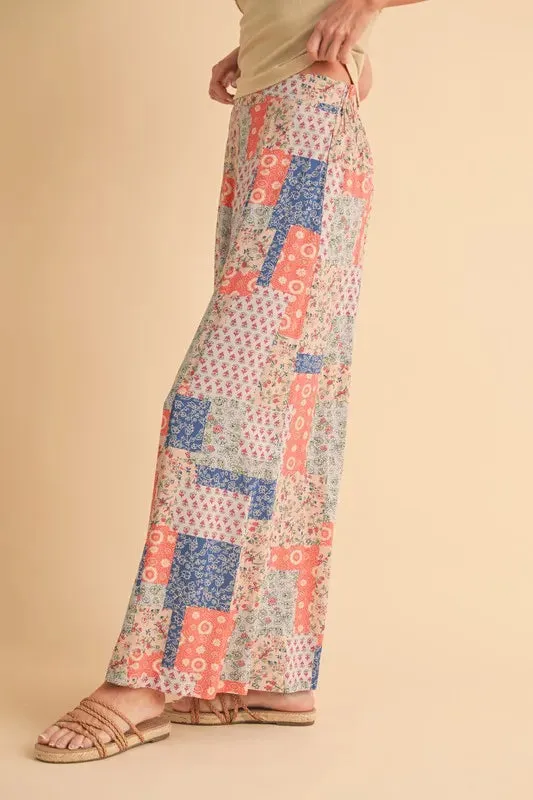 Multicolor Patchwork Print Wide Leg Pants