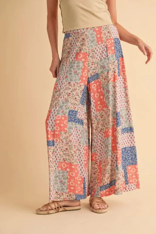 Multicolor Patchwork Print Wide Leg Pants