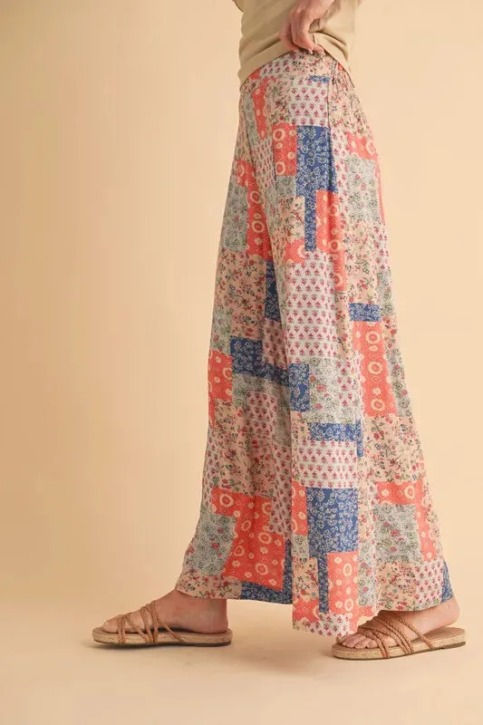 Multicolor Patchwork Print Wide Leg Pants