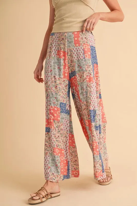 Multicolor Patchwork Print Wide Leg Pants