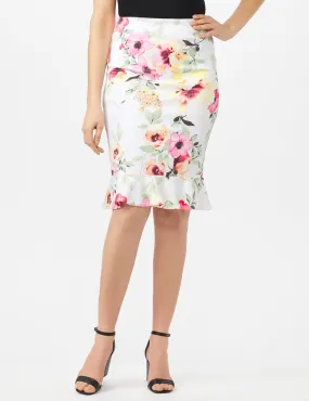 Scuba Crepe Flounce Hem Skirt - Floral Print