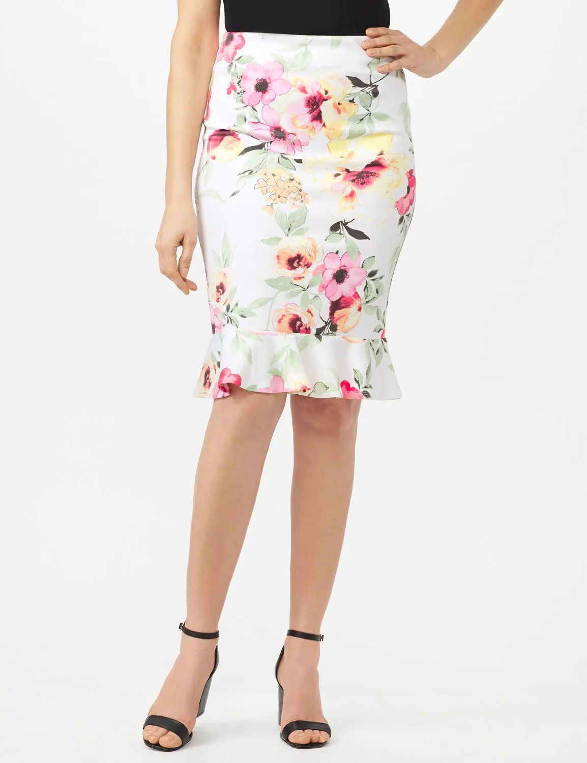 Scuba Crepe Flounce Hem Skirt - Floral Print