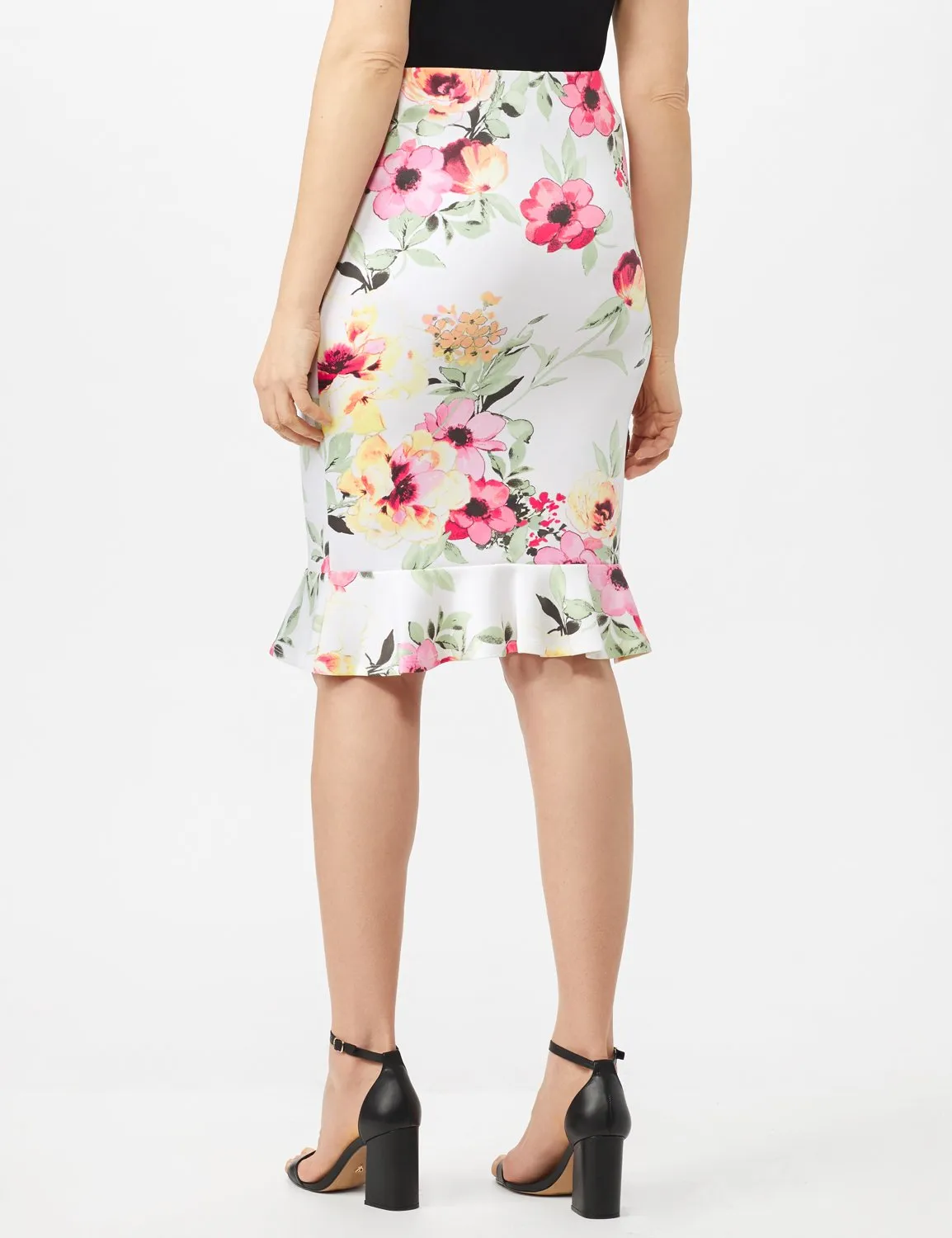 Scuba Crepe Flounce Hem Skirt - Floral Print