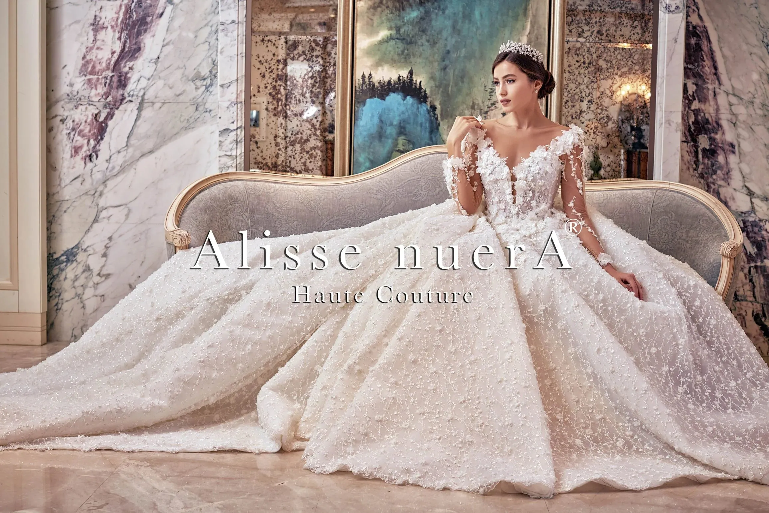 Snow White Floral Detailed V Neck Long Sleeve Bridal Dress