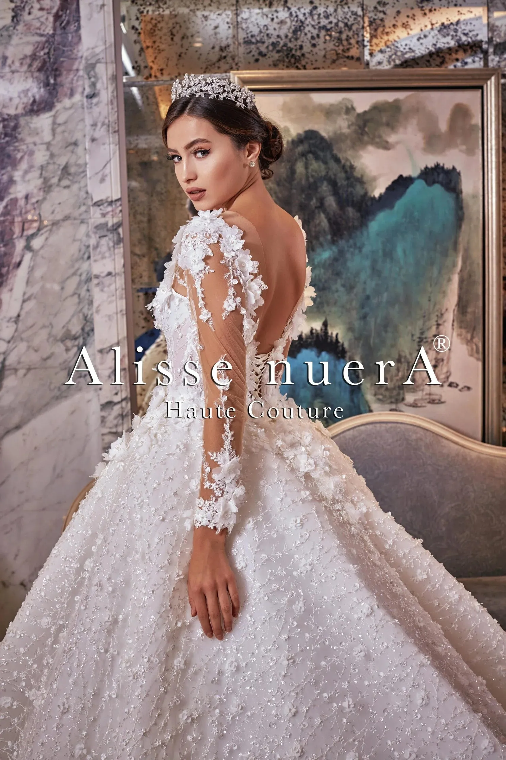 Snow White Floral Detailed V Neck Long Sleeve Bridal Dress